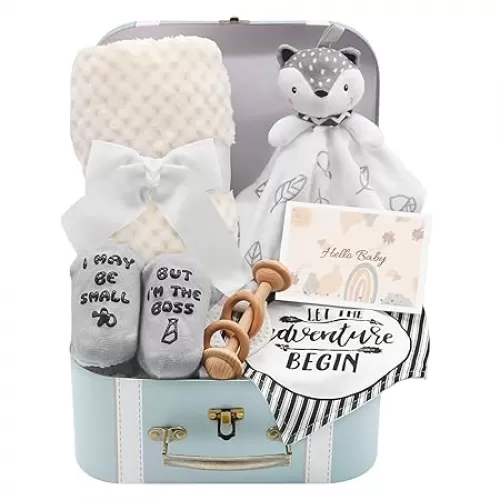 Baby Shower Gifts, Baby Boy Gifts Basket Includes Newborn Blanket Baby Lovey Security Blanket Wooden Rattle Toy, Funny Baby Bibs Socks & Greeting Card - Baby Gift Set Newborn Shower Basket