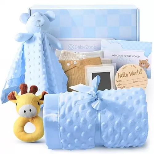 Baby Shower Gifts for Boys - Premium 10-Piece Baby Bundle | Baby Boy Gifts & Baby Gifts for Boys Newborn 0-6 Months | Keepsake Set with Blanket, Bibs, Lovey, Rattle & More