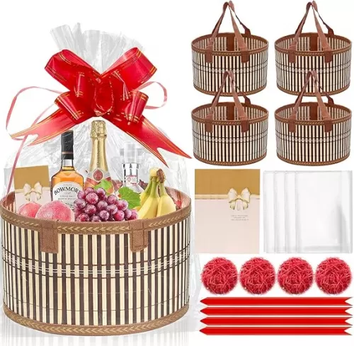 Baskets for Gifts Empty Set of 4, Bamboo Woven Gift Basket with Wrap Bags, Pull Bows, Raffia, Greeting Cards – Round Basket for Birthday, Shower, Housewarming