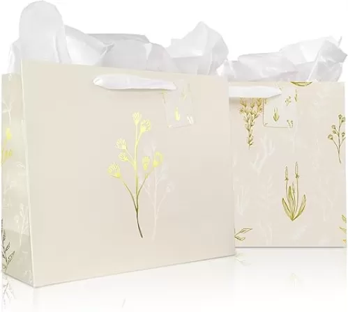 Beautiful Gift Bags Set of 2 - Large 13" Bags with Handles incl. Matching Tissue Paper, Cards & Stickers - Reusable and Perfect For Presents of Any Birthday, Weddings, Mothers Day & Special Occasion
