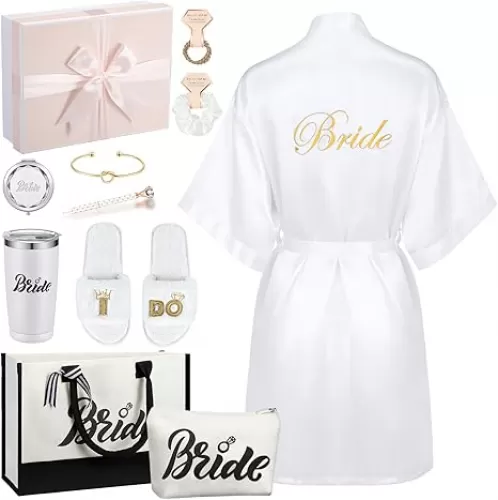 Berlune 14 Pcs Bride Gifts Box Sets Include Short Satin Robes Canvas Tote Bag Stainless Steel Glasses Slippers Wedding Gifts