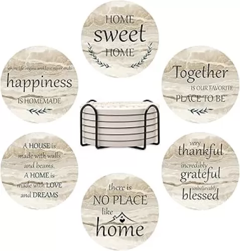 Best Housewarming Gifts for New Home Drink Ceramic Coasters Set of 6 Farmhouse Coffee Table Decor Outdoor Coaster Set with Holder Cup Coasters Decorative Christmas Home Gift for Family House