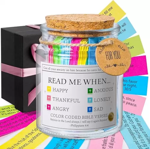 Bible Verse Jar, Read Me When Bible Verses Jar for Emotions and Feelings, Christian Gifts for Women, Men, Birthday Gifts for Mom, Graduation Gift for Her, Prayer Cards Comes With A 48-inch Ribbon Bow