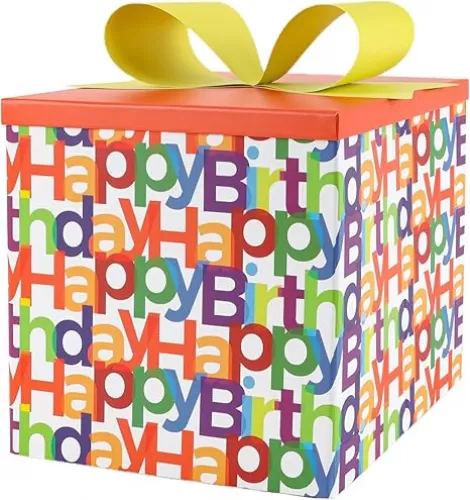 BIOBROWN Medium Birthday Gift Boxes with Lids for Presents, 9x9x9 Inches Text Design Collapsible Gift Box for Birthday, Baby Shower, Party
