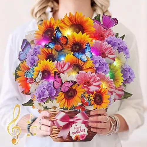 Birthday Cards with MUSIC & LIGHTS, Pop Up Happy Birthday Card, Sunflower & Butterfly, 10 Inch Life Sized Forever Flower Bouquet Gifts for Women Mom Grandma