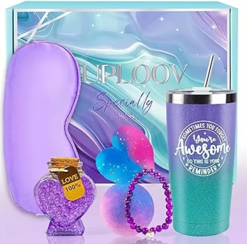 Birthday Gift Basket for Women Purple Blue Relaxing Spa Self Care Bath Gift Set for Her with 20 Oz Tumbler Cup for Graduation, Teacher Appreciation Week, Mother’s Day Gift Ideas Christmas Gifts