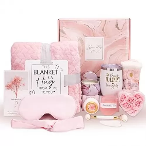Birthday Gifts Box for Women – Spa Gift Basket with Self Care Set, Relaxing Birthday Gifts for Mom, Sister, Girl, Friend, Wife, Grandma, Daughter – Thank You & Get Well Soon Gift for Her – Pink Set