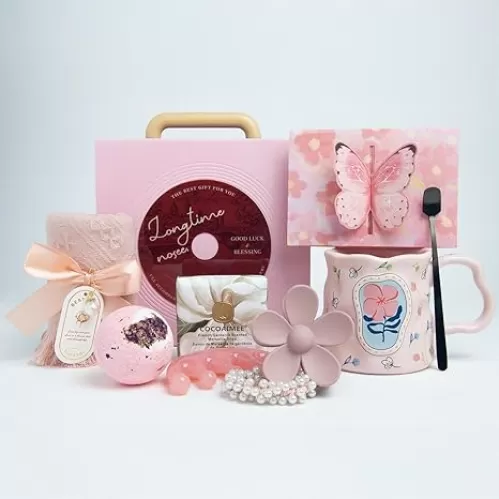 Birthday Gifts for Women, Mom Gifts, Gift Baskets for Women - Luxury Flannelette Gift Box with Coffee Mug | Christmas & Housewarming Best Friend Presents. (pink)