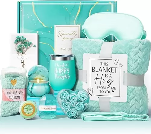 Birthday Gifts for Women Self Care Gifts Get Well Soon Gifts, Ocean Relaxing Spa Gifts Basket Care Package w/ Luxury Flannel Blanket, Unique Mothers Day Gifts Idea for Mom Her Friends Sister Wife