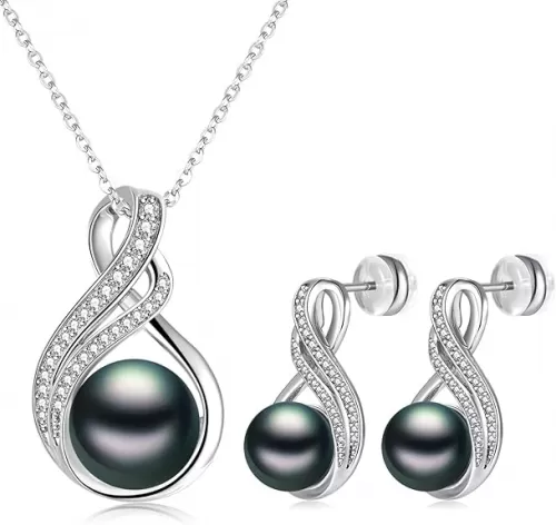 Black White Pearl Necklace and 2 Earrings Set for Women, 925 Sterling Silver Adjustable Infinity Cubic Zirconia Wedding Bridal Choker Dangle, Anniversary Mothers Day Jewelry Gift for Her