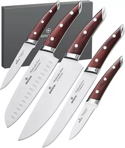 Brewin CHEFILOSOPHI Japanese Chef Knife Set 5 PCS with Elegant Red Pakkawood Handle Ergonomic Design, Professional Ultra Sharp Kitchen Knives for Cooking High Carbon Stainless Steel