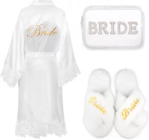 Bride Robe for Wedding Day Set with Makeup Bag, Slippers, Lace Trim White Robe -Short Getting Ready Wedding Robes