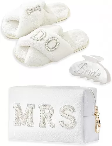 Bride To Be Gifts - Bridal Shower Gifts & Wedding Gifts for Bride - Gift Set: Makeup Bag, Slippers, Hair Clip - Perfect Bride Gifts