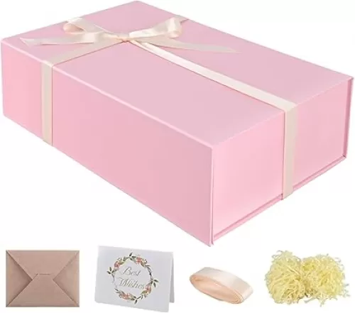 Brothersbox Pink Gift Box 13.8"x9"x4.3" Large Gift Boxes for Presents with Magnetic Lid, Ribbon, Shredded Filler, Card, Collapsible Bridesmaid Proposal Box for Birthday Wedding Mothers Day Christmas