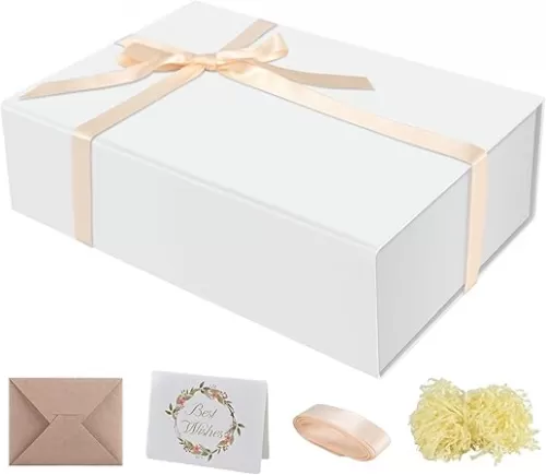 Brothersbox White Gift Box 13.8"x9"x4.3" Large Gift Boxes for Presents with Magnetic Lid, Ribbon, Shredded Filler, Card, Collapsible Bridesmaid Proposal Box for Birthday Wedding Mothers Day Christmas