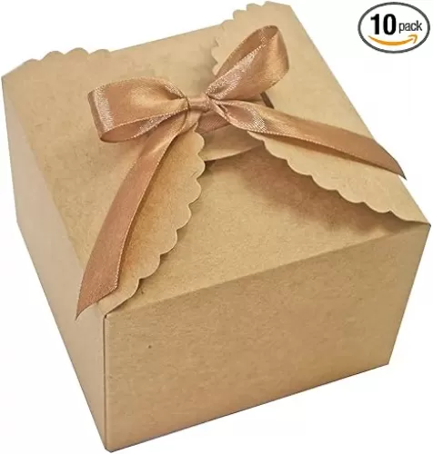 Brown Box for Presents, 10 Pack Small Empty Kraft Paper Gift Boxes with Ribbon For Packaging Candy, Cookie, Chocolate, Craft, Candle, Small Gifts, 4.75” x 4.75” x 3.53”