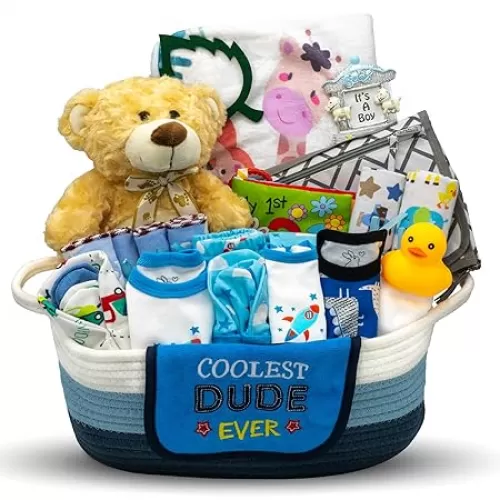 Bundle of Joy Deluxe New Baby Boy Gift Set | Baby Essentials for Expecting Moms & Parents | 25-Piece Newborn Gift Basket Hamper Layette Set for Gender Reveal | Blue - Nikki