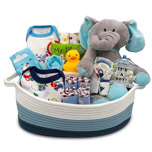 Bundle of Joy Deluxe New Baby Gift Basket | Newborn Baby Boy Gift Set with Baby Essentials | Baby Gift Basket for Expecting Moms | Baby Layette Set | Blue Baby Gift Set | Nikki