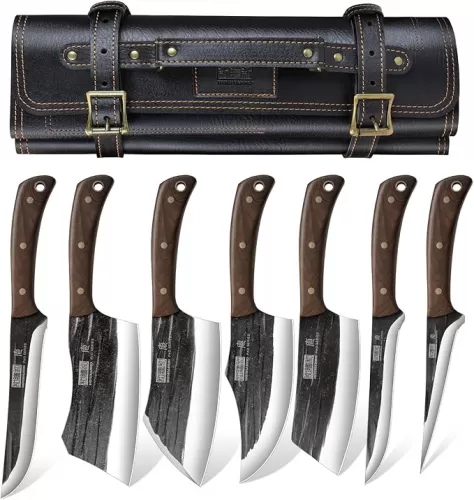 Butcher Knife Set, Hand Forged Butcher Chef Knife Set with Roll Bag, Sharp Meat Cleaver Knife & Bone Chopper Knives & Fillet Knives for Home & Camping & BBQ Gift for Men