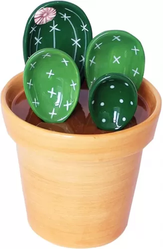 Cactus Measuring Spoons Set in Pot Ceramic Cute Small Cacti Measuring Spoons and Cups Green for Baking, Salt, Sugar Housewarming Gifts (Green）