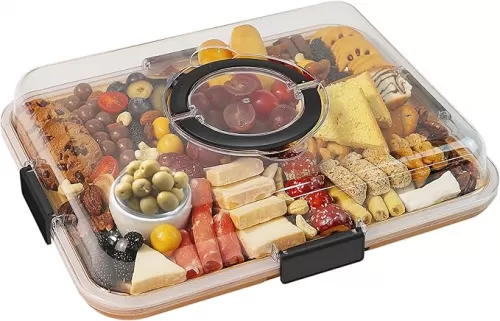 Charcuterie Board with Clear Lid, Travel Portable Cheese Board Charcuterie Boxes Cutting Boards for Kitchen, House Warming Gifts New Home, Gifts for Women (6 Compartments Black)