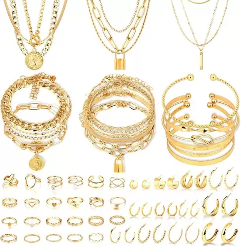 CHICUTIE Gold Jewelry Set For Women, 14k Gold Plated Multi Layer Necklaces Bracelets Hoop Earrings Set Stackable Knuckle Rings, Trendy Elegance Charms Non Tarnish Minimalist Textured Boho Jewelry Gift