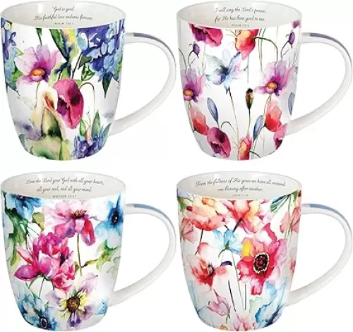 Christian Art Gifts Ceramic Coffee or Tea Mug Set for Women, Rejoice Watercolor Flowers Design Bible Verse Mug Set, Boxed Set of 4 Coffee Cups