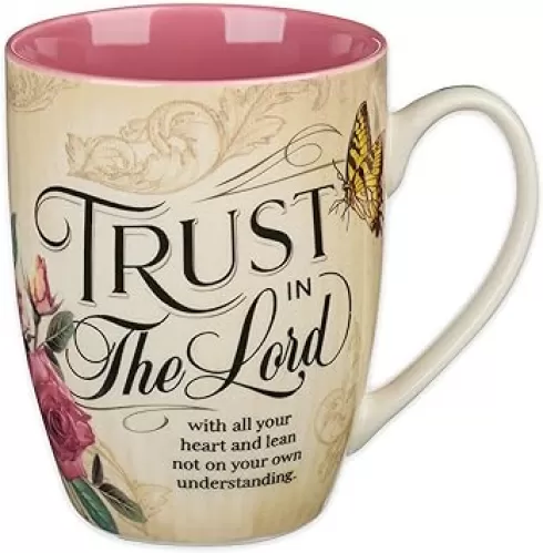 Christian Art Gifts Pink Rose Floral & Yellow Butterfly Ceramic Coffee Mug – 12 oz. Lead-free Inspirational Scripture Coffee and Tea Mug for Women with Bible Verse: Trust in the Lord - Proverbs 3:5