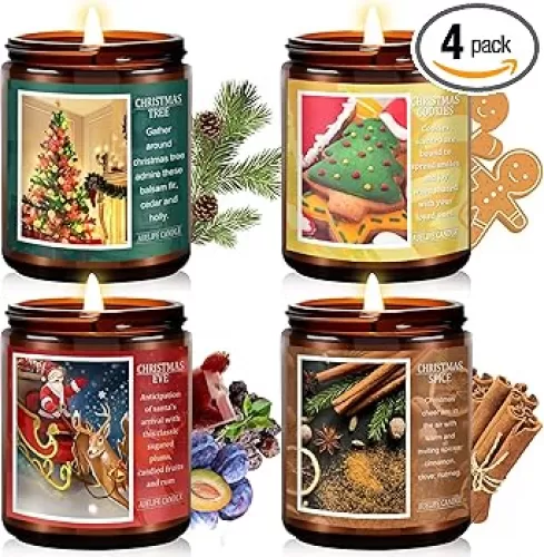 Christmas Candle Set | 4Pack Scented Candles Holiday Candle Gifts - Soy Candles Home Scented, Xmas Gift for Women and Men - Scents of Christmas Tree/Spice/Cookies/EVE
