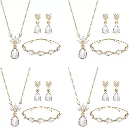 Dainty Teardrop Bridesmaid Jewelry Set for Women 1-4-6-8 Sets 18K Gold & Rose Gold & Silver Plated Pave Rhinestone With Crystal Necklace Earrings Bracelet Set Gift for Wedding/Engagement/Anniversary