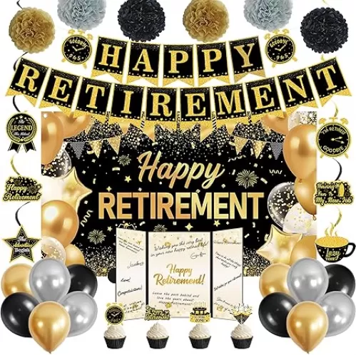 DARUNAXY Retirement Party Decorations, Black Gold Happy Retirement Banner, Officially Retired Signature Guestbook The Legend Has Retired Balloons Hanging Swirl Tissue Paper Pom Poms Supplies for Men