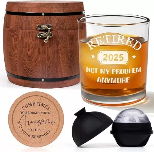 DAZLUTE Retirement Gifts for Men, Retired 2025 Not My Problem Anymore Whiskey Glass Set, Funny Retired Gifts for Boss Coworker Husband Teacher Friends Dad Grandpa, 10 Oz Retired Old Fashioned Glass