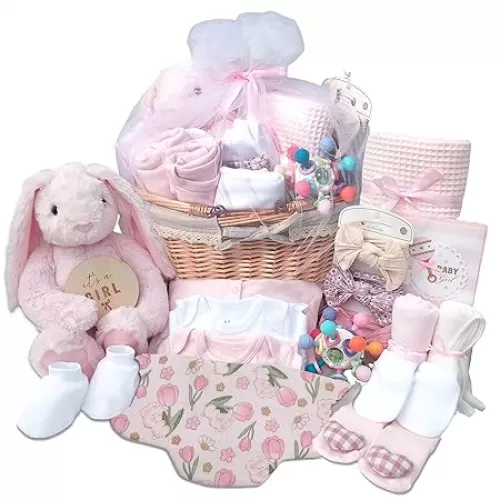 Deluxe Baby Shower Gifts Set for Girl, 21 New Baby Essentials, Gifts for Expecting Moms, Unique Baby Girl Gifts, Baby Girl Clothes, Socks, Blanket & Washcloths, Pink - Gift Baskets