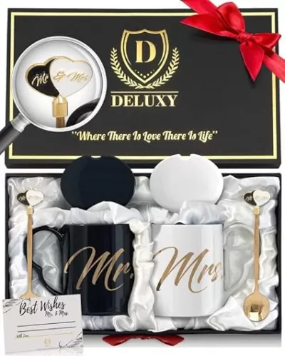 DELUXY Wedding Gift for Couple 2025 - Mr and Mrs Coffee Mugs Set - Newlywed, Bridal Shower, Bride and Groom Gift - Wedding Anniversary Present for Couples