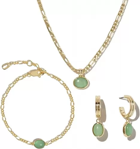 DISTANT DRUMS Simple Natural Green Aventurine Stone Jewelry Set for Women, Hoop Earrings, Bracelet, Necklace, 18K Gold-plated Spiritual Gift, Fortunate Stone Jewelry, Choker