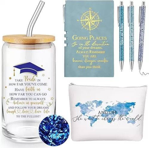 Domensi 6 Pcs Class of 2025 Graduation Gift for Her 16oz Glass Cup Makeup Bag Compass Journal Ballpoint Pens Inspirational Graduation Gift Set for College High School Daughter Sister Friend(Blue)