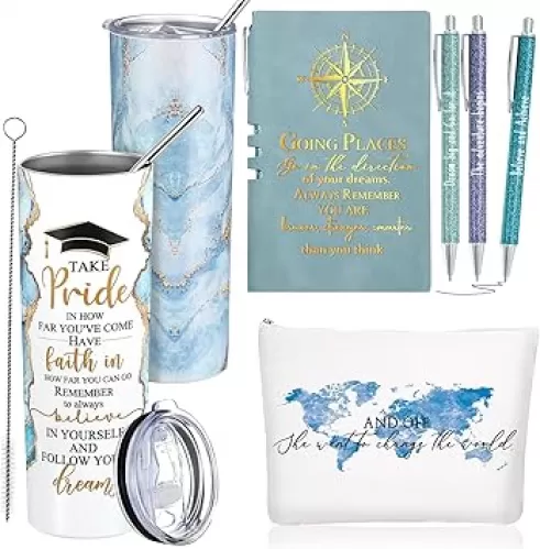 Domensi 6 Pcs Class of 2025 Graduation Gifts for Her Women Blue 20 oz Tumbler Makeup Bag Journal Ballpoint Pen Inspirational Graduation Gifts Set for College High School Daughter Sister Friend