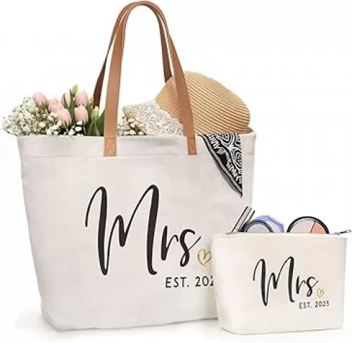 ELEGANTPARK Mrs Gifts Future Mrs. 2025 Bag Wedding Gifts for Bride Bridal Shower Bachelorette Party Honeymoon Travel Large Shoulder Bags Canvas Totes with Zipper Set of 2