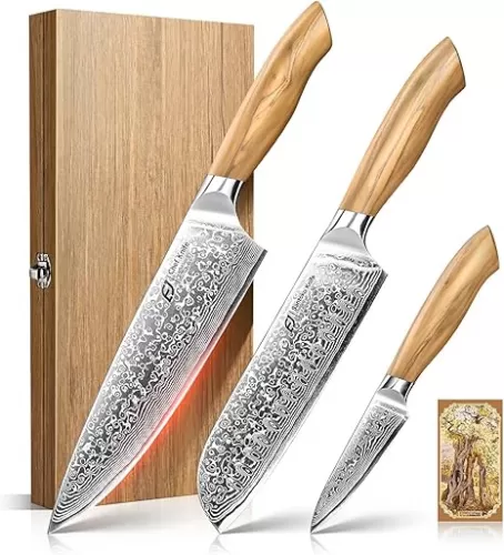 Emojoy Damascus Kitchen Knife Set, 3 PCS Japanese Chef Knife Set, 67-Layers Damascus Knife with Original Olive Wood Handle, Include Wooden Gift Box