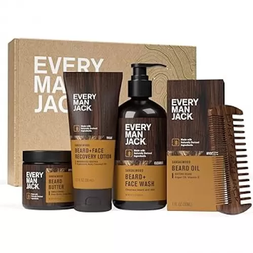 Every Man Jack Mens Sandalwood Beard Set - 5 Full-Sized Grooming Essentials For a Complete Routine - Beard + Face Wash, Beard + Face Lotion, Hydrating Beard Oil, Beard Butter, and Beard Comb