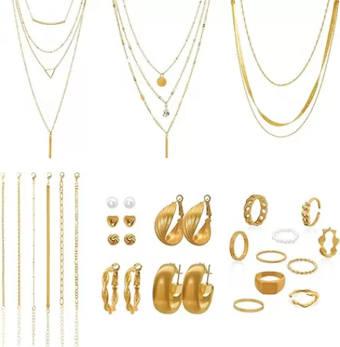 Fumwase Gold Jewelry Set for Women Fashion Costume Jewelry Multi Layered Necklaces Stackable Bracelets Hoop Earrings Knuckle Rings for Valentine Anniversary Birthday Gift Adult