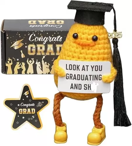 Funny Graduation Gifts Class of 2025, Positive Crochet Duck with Cap and Greeting Card, Handmade Emotional Support Plush College Graduation Gifts Set for Her Him