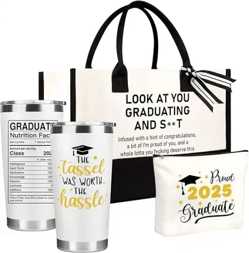Funny Graduation Gifts for Her Him 2025 - Graduate Gift Set with Tote Bag, Tumbler, Makeup Pouch - Cool Grad Gifts for Women Men