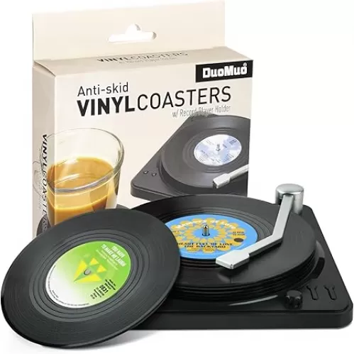 Funny Retro Record Coasters for Drinks with Vinyl Player Holder for Music Lovers, Set of 6 Conversation Piece Sayings Drink Coaster, Housewarming Hostess Wedding Registry Gift Ideas
