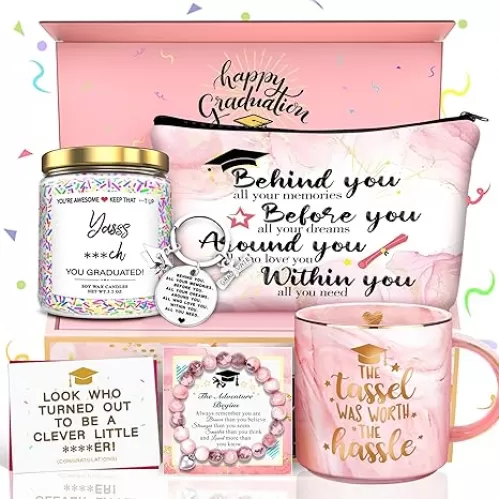 GEMWAVE Graduation Gifts for Her 2025, Class of 2025 The Tassel was Worth The Hassle-Graduation Coffee Mug Candles Keychain Set- College Student Gifts for Women