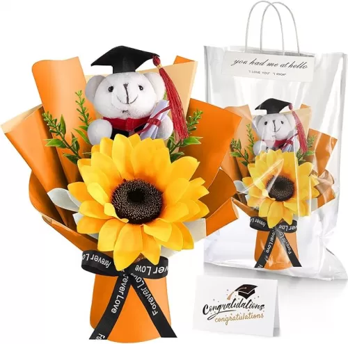 Giegxin 3 Pcs Graduation Bear Flower Bouquet Set, 2025 Small Plush Stuffed Bouquet with Bag and Gift Card Bear Doll Sunflower Artificial Floral for Grad Celebration Party Supplies(Orange)