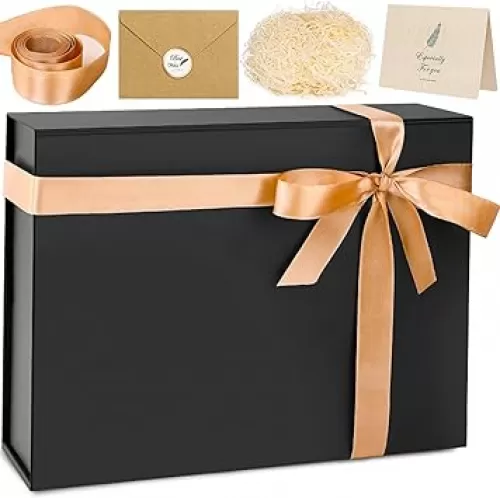 Gift Box, 13 x 10 x 4 inch Large Black Gift Box with Magnetic Lids for Birthday Gifts Contains Card, Ribbon, Shredded Paper Filler, Luxury Gifts Boxes for Groomsman Proposal Gifts