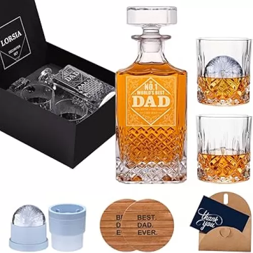 Gifts for Dad Men, Whiskey Decanter Set with Gift Box, Unique Christmas Gift from Daughter or Son, Perfect Birthday and Retirement Present for Men - Includes 2 Ice Molds, 2 Coasters, and a Gift Card