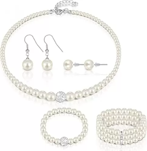 Glenmal Pearl Rhinestone Jewelry Set for Women Pearl Necklace Bracelet Earrings for Wedding Birthday Bridal Shower Tea Party