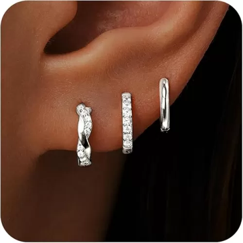 Gold Huggie Hoop Earrings Set for Women, Dainty Small Sterling Silver Earring Stacks Hypoallergenic Jewelry for Multiple Piercings, Trendy Twisted Cute Cartilage Hoops Birthstone Gift 3 Pairs